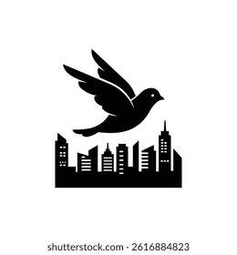 Bird Flying Across City Skyline Symbolizing Contrast Between Urban and Nature