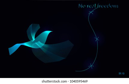 A bird flying action with barbed wire
in linear geometric design neon light color concept of no real freedom, Eps 10 vector