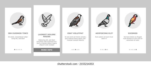 Bird Flying Animal With Feather Onboarding Mobile App Page Screen Vector. Toucan And Duck, Penguin And Swallow, Pigeon And Parrot Bird. Owl And Wren, Colibri And Raven, Eagle Hawk Wing Illustrations