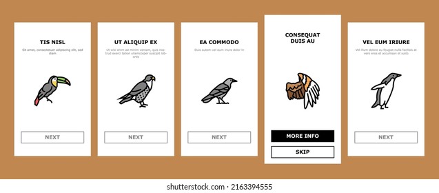 Bird Flying Animal With Feather Onboarding Mobile App Page Screen Vector. Toucan And Duck, Penguin And Swallow, Pigeon And Parrot Bird. Owl And Wren, Colibri And Raven, Eagle Hawk Wing Illustrations