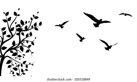 bird flying around a tree branch, vector