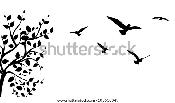 木の枝の周りを飛ぶ鳥 ベクター画像 のベクター画像素材 ロイヤリティフリー