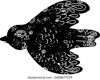 Bird flying. Black vector element, linocut