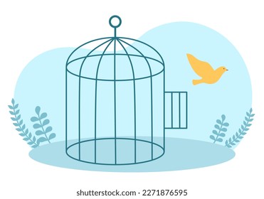 Bird flying from the cage in flat design. Birdcage freedom.