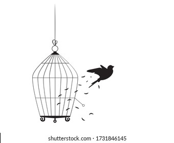 Bird flying from the cage, flying bird silhouette, cage illustration, freedom concept, wall decals, wall artwork, poster design isolated on white background. Scandinavian minimalist art design