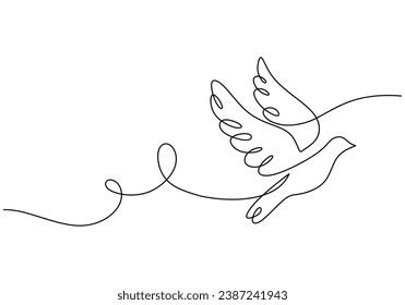 Bird flying in continuous line art drawing. Pigeon dove bird fly symbol of peace.. Vector illustration isolated. Minimalist design handdrawn.