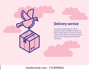Bird flying delivery box service background vector illustration.