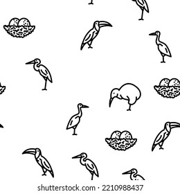 Bird Flying And Eggs In Nest vector seamless pattern thin line illustration