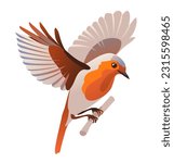 Bird flying European robin. Cartoon vector illustration on a white background