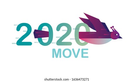 Bird flying fast in 2020 text. Business movement and leadership concept design. flat design elements. vector illustration