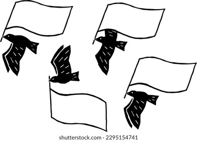 bird flying with flag Illustration in black and white print style