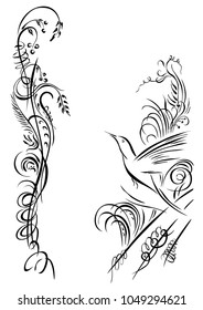 Bird is flying. Grass and flowers calligraphy black silhouette isolated