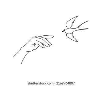 Vogel fliegt zur Hand. Minimalistische Trend-Vektorgrafik. Ein Symbol des Friedens