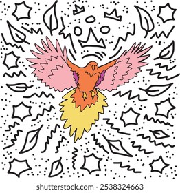 Bird flying high and doodle feather cartoonish outline vector illustration sign. Ara tropical red, pink and yellow parrot with spread wings and feathers line art scribbles, hand drawn graphic.