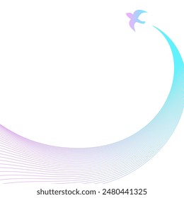 A bird flying high in the sky and its trajectory. A square design illustration with a purple and light blue gradient.