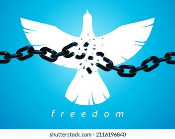 Bird flying up into sky and broken chain in front freedom concept vector poster, liberty and human rights allegory, career or business ambitions, dove spread wings.