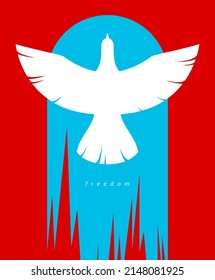 Ave volando hacia el afiche vectorial concepto de libertad del cielo, alegoría de libertad y derechos humanos, ambiciones profesionales o empresariales, paloma esparce alas.