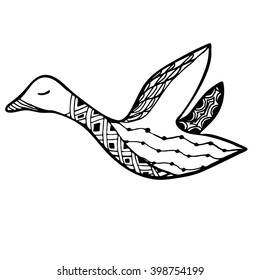 Bird flying isolated on white background in zentangl style. Silhouette of animal for logo or print. Hand drawn for adult anti stress coloring page with high details . Vector monochrome sketch. 