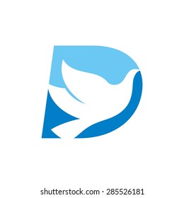 Bird flying logo. dove icon abstract. pigeon vector design template. Letter D.