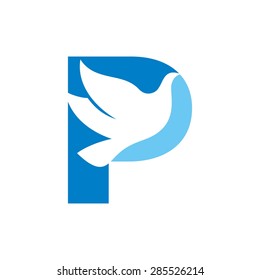 Bird flying logo. dove icon abstract. pigeon vector design template. Letter P.