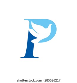 Bird flying logo. dove icon abstract. pigeon vector design template. Letter P.