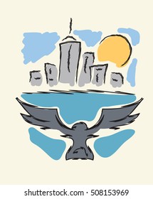 Bird flying to modern city hand drawing vector illustration