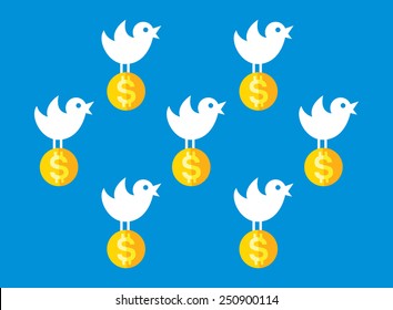 Bird flying with money. Flat vector illustration