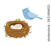 Bird flying to nest with three eggs isolated on white background. Vector illustration