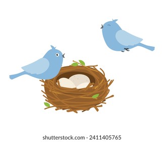 Ave volando para anidar con tres huevos y pájaro dentro aislado en fondo blanco. Ilustración del vector