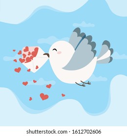 A bird flying on the sky and carry a letter with many hearts concept.