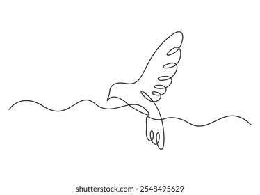 Vogelflug in einer durchgehenden Linienzeichnung. Taubenvogelfliege Symbol des Friedens. Einzeln auf weißem Hintergrund. Doodle, Vektorgrafik