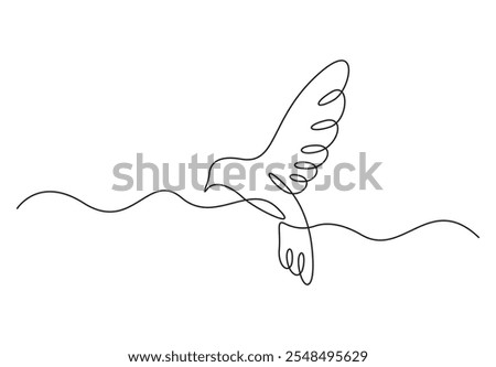 Bird flying in one continuous line drawing. Pigeon dove bird fly symbol of peace. Isolated on white background. Doodle vector illustration