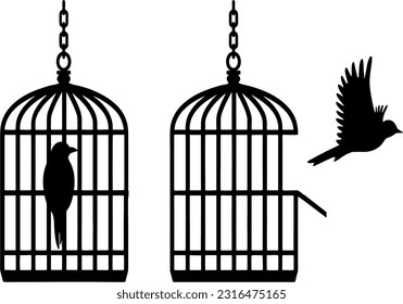 Bird flying from open birdcage and in cage. Symbol of freedom. Message to let birds free in natural atmosphere. High resolution image for birds breeding and feed theme poster and banner. 
