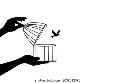 Bird Flying Out of Cage for freedom vector illustration, Freedom Concept, a bird flying out of the cage, bird In cage Set Free, Freedom, hope and set free concept.