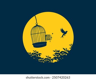 A bird flying out of open birdcage, surreal freedom motivational concept.