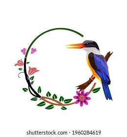 A bird is flying over a branch that bends in a circular shape.With flowers on the branches.Floral wreath with leaves for wedding and holiday. Decorative elements for design.Vector illustration.