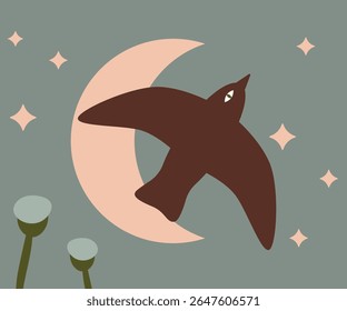 Bird Flying Over Crescent Moon Vector Illustration. Bird soaring over a crescent moon with stars in the background, creating an abstract nocturnal scene