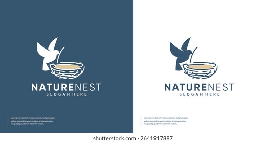 Bird flying over the nest, silhouette style with combination of line art, symbol of natural life, graphic design illustration.