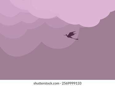 A bird is flying over a pink sky vector illustration. Flying bird vector illustration. 