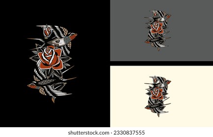 bird flying and red flowers vector mascot design
