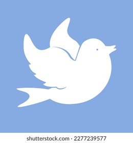 Bird is flying. Silhouette is white on blue background. Icon for social networks