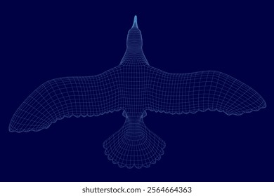 Bird is flying in the sky with a blue background. The bird is in a 3D form and he is a bird of prey. The image has a sense of freedom and movement, as the bird is soaring through the air