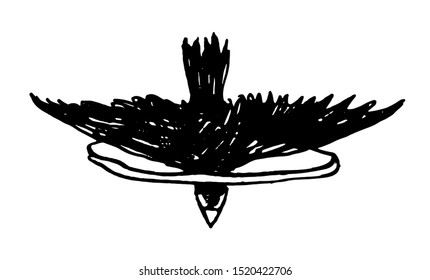 The bird flying through the ring. Crow or raven. Black bird.