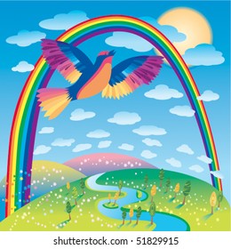 Bird flying under the rainbow
