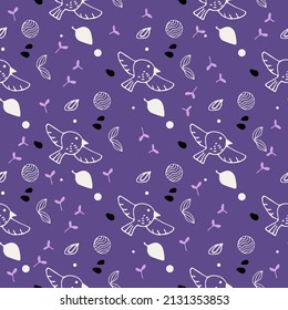 Bird, foliage and flowers pattern, seamless pattern in white. Line drawing. Naturalness of materials. Vector print. trendy purple color 