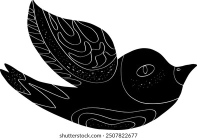 Bird Folk art black element in linocut style vector