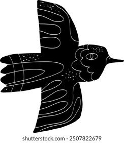 Bird Folk art black element in linocut style vector