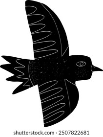 Bird Folk art black element in linocut style vector