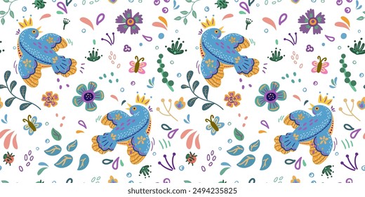 Bird with folk flowers seamless pattern. Vintage ornament print.