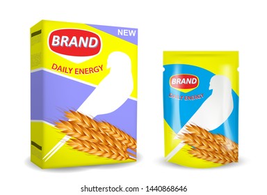 Bird food package mockup set, vector illustration isolated on white background. Stand up foil pouch bag and carton box for parrot food packaging.